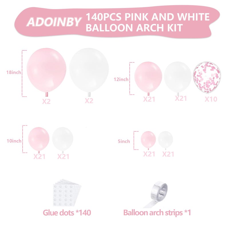 ADOINBY Pink and White Balloon Arch Kit, ADOINBY 140Pcs Macaron Pink Balloon Matte White Balloon 18 12 10 5 Inch Different Size Balloons for Engagement Wedding Birthday Baby Shower Gender Reveal Decorations - Image 2
