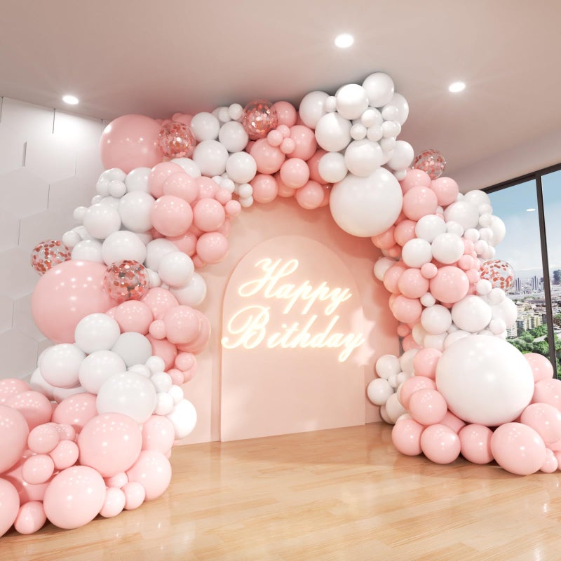 ADOINBY Pink and White Balloon Arch Kit, ADOINBY 140Pcs Macaron Pink Balloon Matte White Balloon 18 12 10 5 Inch Different Size Balloons for Engagement Wedding Birthday Baby Shower Gender Reveal Decorations - Image 1