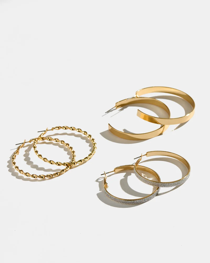 Redtag Women Gold Embellished Earrings Set (3 Pairs)