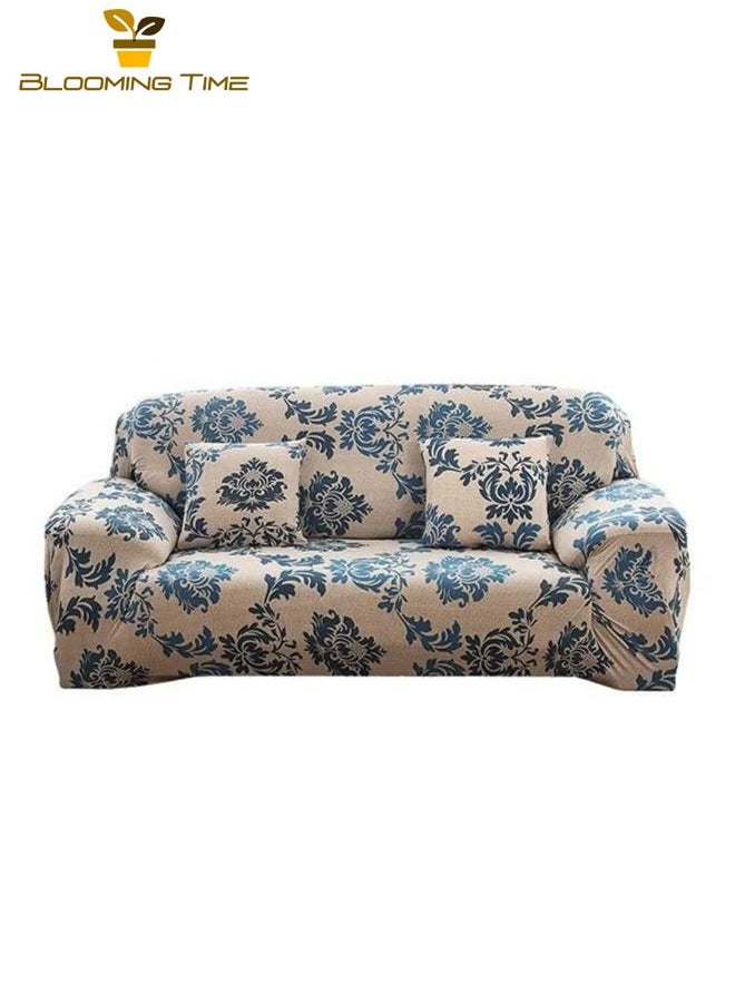 BLOOMING TIME 3-seater Exquisite Floral Design, Wrinkle-free, Non-slip, 360-degree Full Coverage Sofa, Smooth Seige/Blue 190*230cm  - Image 1
