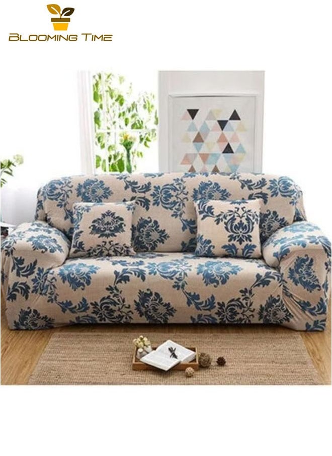 BLOOMING TIME 3-seater Exquisite Floral Design, Wrinkle-free, Non-slip, 360-degree Full Coverage Sofa, Smooth Seige/Blue 190*230cm  - Image 2