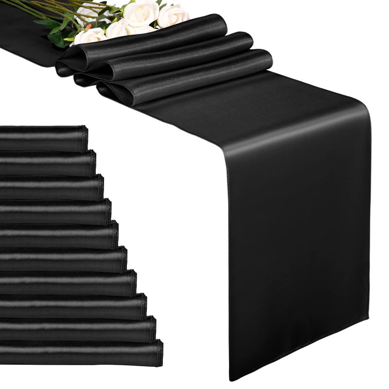10Pack Black 12 x 108 inches Long Premium Satin Table Runner for Wedding Decorations for Birthday Parties Banquets Graduations Engagements Table Runners fit Rectange and Round Table