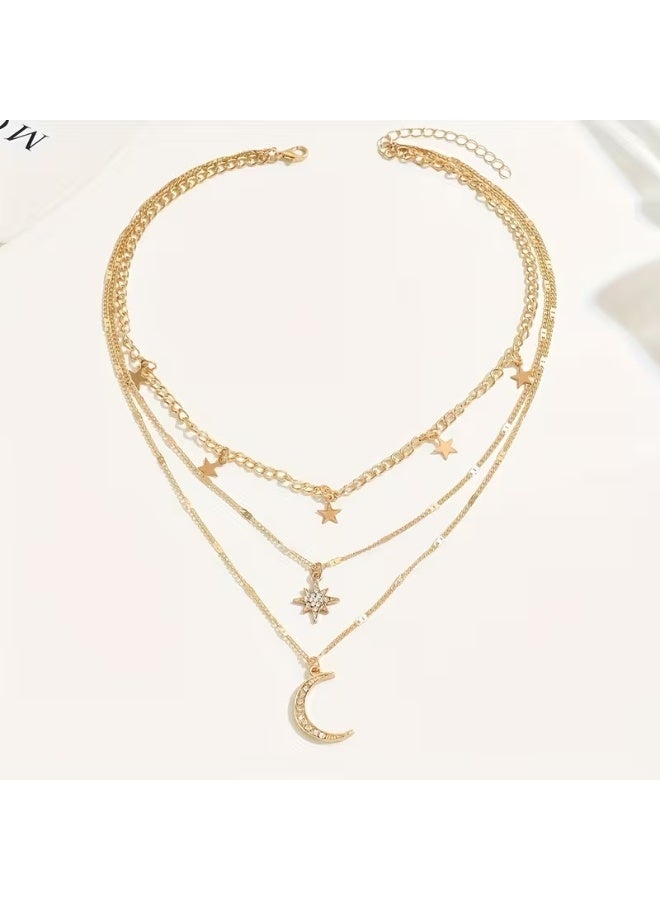 Goolsky Elegant Bohemian Style Layered Golden Necklace with Star and Moon Pendants - 14K Golden Plated, Rhinestone Accents, Perfect Gift for Her, Everyday Jewelry|Bohemian Necklace|Detailed Pendant, Layered Necklace - Image 5
