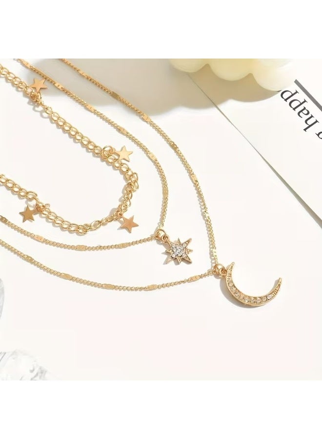 Goolsky Elegant Bohemian Style Layered Golden Necklace with Star and Moon Pendants - 14K Golden Plated, Rhinestone Accents, Perfect Gift for Her, Everyday Jewelry|Bohemian Necklace|Detailed Pendant, Layered Necklace - Image 4