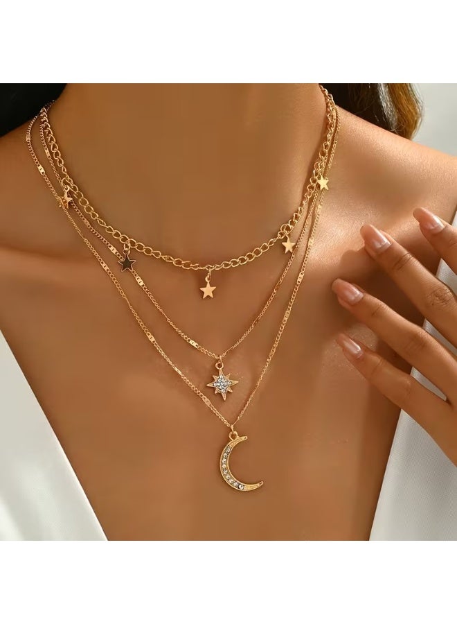 Goolsky Elegant Bohemian Style Layered Golden Necklace with Star and Moon Pendants - 14K Golden Plated, Rhinestone Accents, Perfect Gift for Her, Everyday Jewelry|Bohemian Necklace|Detailed Pendant, Layered Necklace - Image 2
