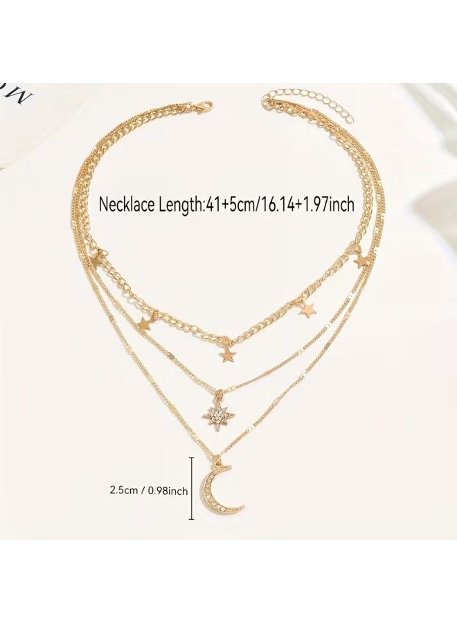 Goolsky Elegant Bohemian Style Layered Golden Necklace with Star and Moon Pendants - 14K Golden Plated, Rhinestone Accents, Perfect Gift for Her, Everyday Jewelry|Bohemian Necklace|Detailed Pendant, Layered Necklace - Image 3