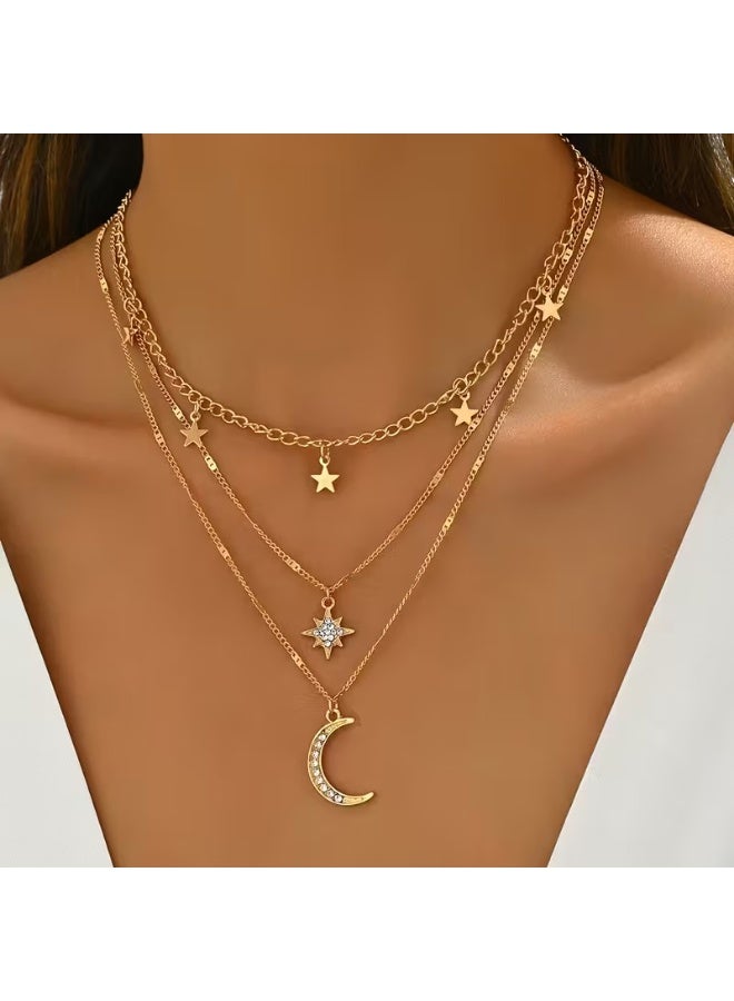 Goolsky Elegant Bohemian Style Layered Golden Necklace with Star and Moon Pendants - 14K Golden Plated, Rhinestone Accents, Perfect Gift for Her, Everyday Jewelry|Bohemian Necklace|Detailed Pendant, Layered Necklace - Image 1