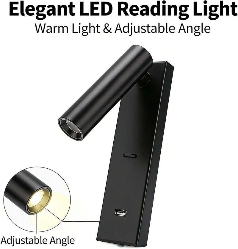 LED Wall Mounted Reading Light, Black, USB Port – Simple Stylish Design, 350° Rotatable Head, Wall Lights for Bedroom Living Room - Image 2
