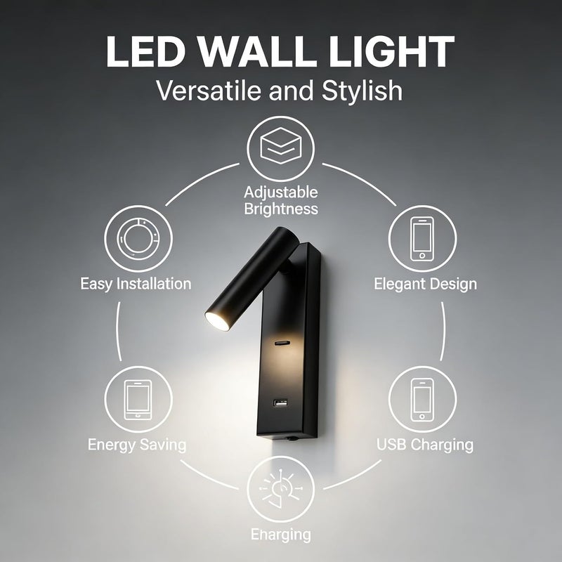 LED Wall Mounted Reading Light, Black, USB Port – Simple Stylish Design, 350° Rotatable Head, Wall Lights for Bedroom Living Room - Image 5