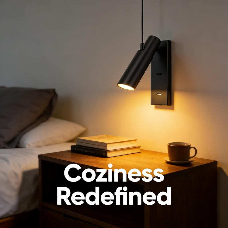 LED Wall Mounted Reading Light, Black, USB Port – Simple Stylish Design, 350° Rotatable Head, Wall Lights for Bedroom Living Room - Image 3