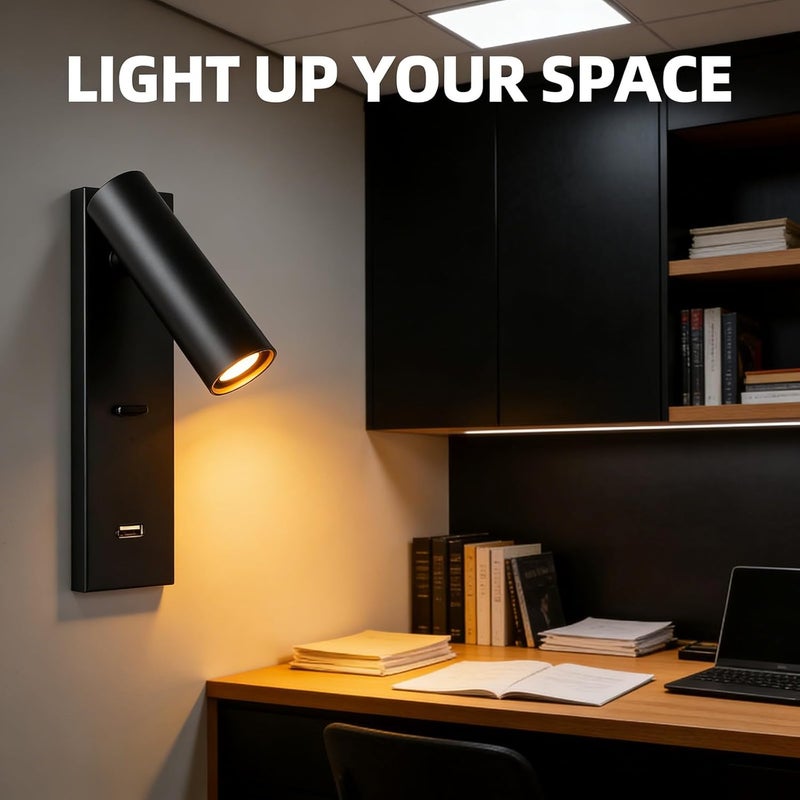 LED Wall Mounted Reading Light, Black, USB Port – Simple Stylish Design, 350° Rotatable Head, Wall Lights for Bedroom Living Room - Image 4