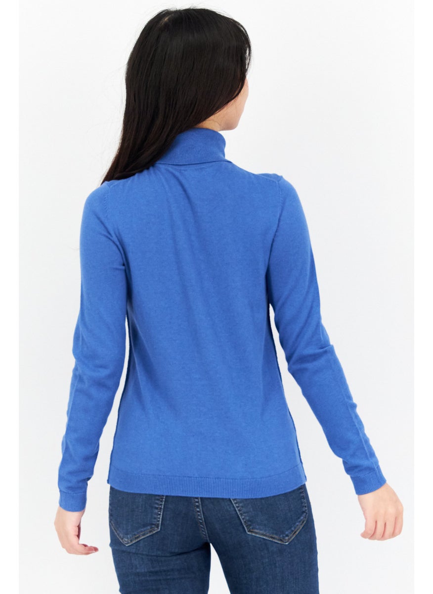 EDC Women High Neck Long Sleeve Solid Sweater, Blue  - Image 4