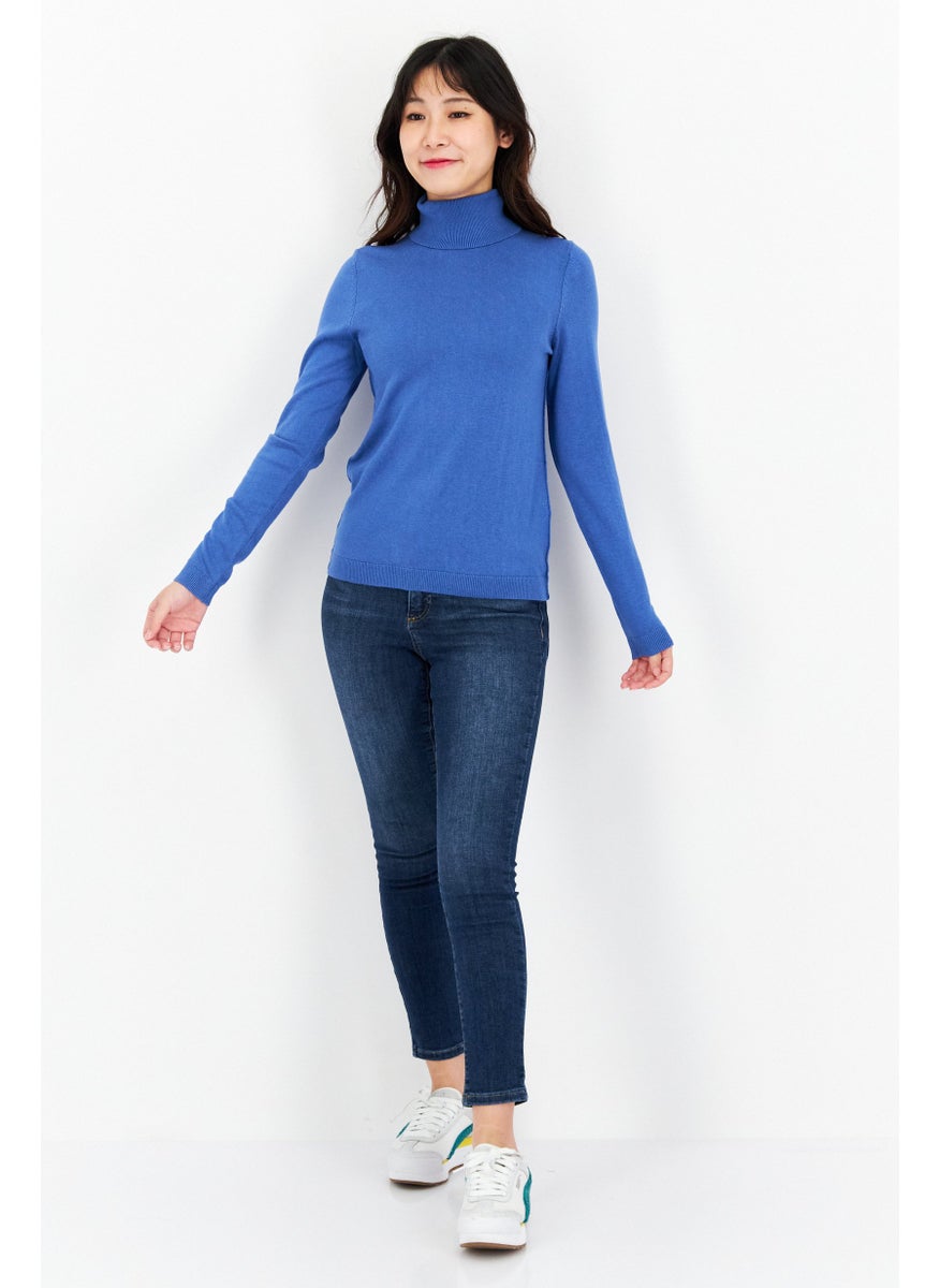 EDC Women High Neck Long Sleeve Solid Sweater, Blue  - Image 3