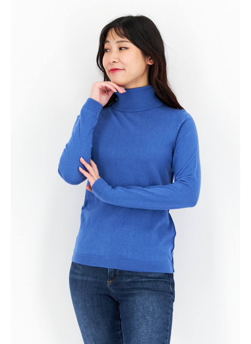 EDC Women High Neck Long Sleeve Solid Sweater, Blue  - Image 1