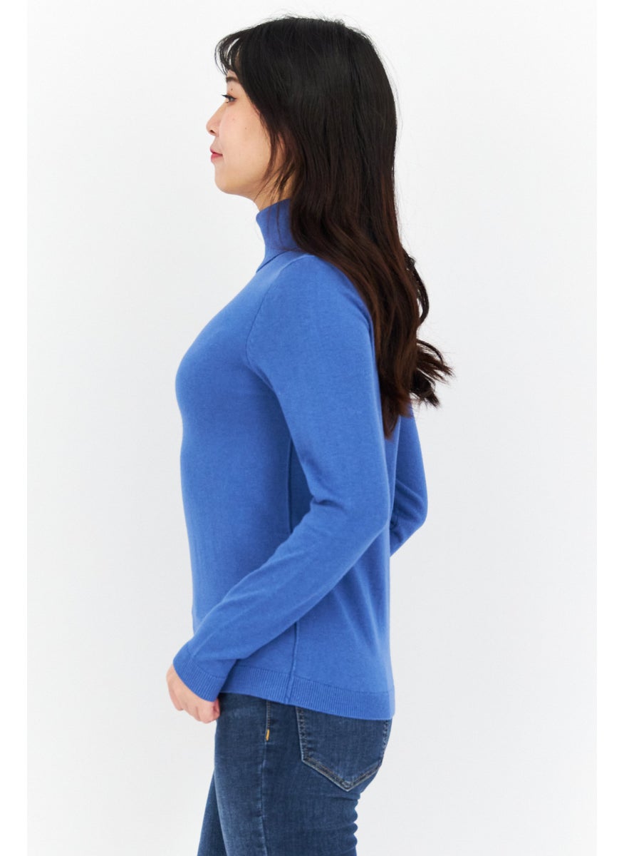 EDC Women High Neck Long Sleeve Solid Sweater, Blue  - Image 2