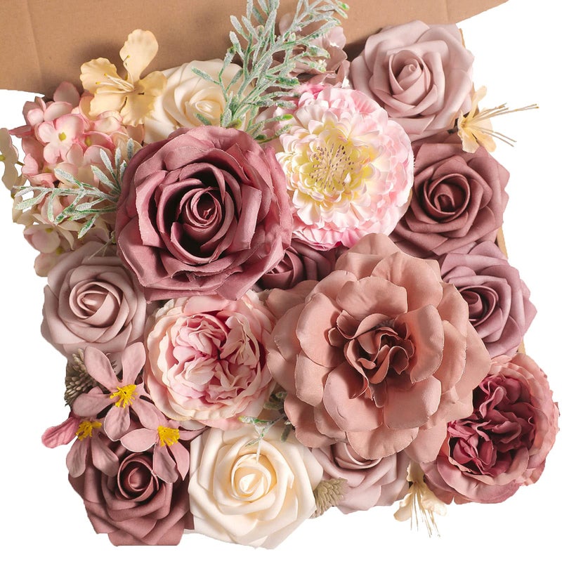 Koroni Flowers Artificial Flowers Combo Box Set Dusty Rose Fake Flowers Bulk Flower Leaf with Stems for DIY Wedding Bouquets Centerpieces Baby Shower Party Home Decorations - Image 1