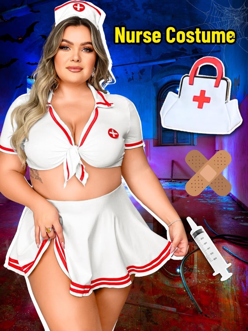 GirlFriend Plus Size Cute Daily Lingerie Costume,Cosplay Outfit for Curvy Women,4 Piece Valentines Halloween Outfits White - Image 5
