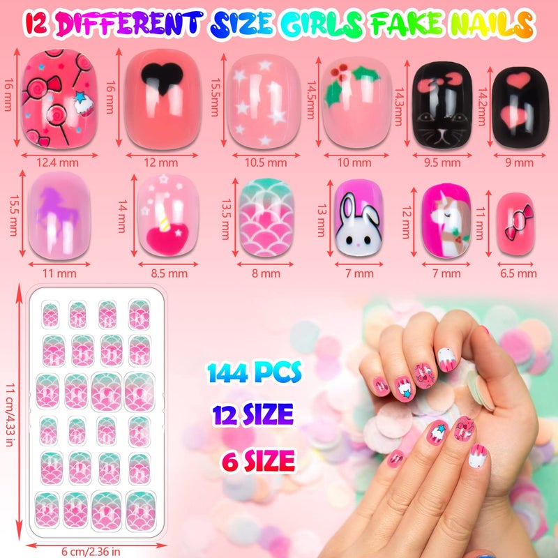 Labeol 144 Pieces Press On Nails for Kids Children Fake Nails for Girls Artificial Kids Press on Nails Full Cover Short Acrylic Stick On Nails False Nail Tips Kit for Girls Nail Art Decoration - Image 2