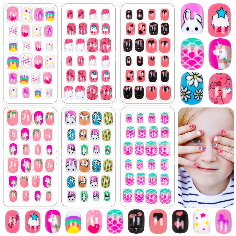 Labeol 144 Pieces Press On Nails for Kids Children Fake Nails for Girls Artificial Kids Press on Nails Full Cover Short Acrylic Stick On Nails False Nail Tips Kit for Girls Nail Art Decoration - Image 1