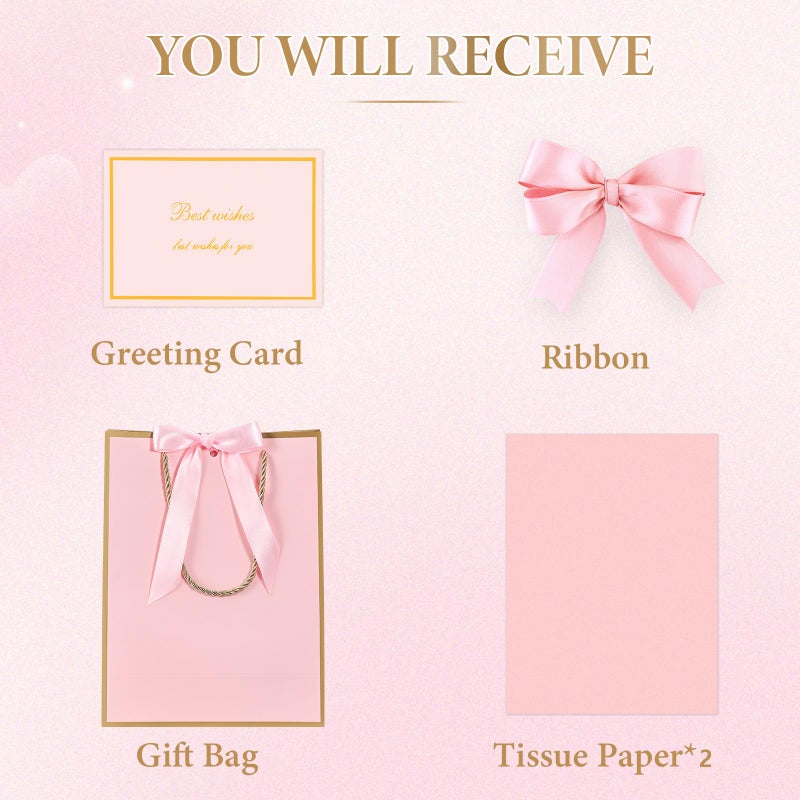 JMANNI Pink Gift Bags with Handles, Mother's Day Gift Bags with Tissue Paper, 1PCS Gift Bags with Ribbon and 1 Cards 2 Tissue Paper, for Valentines Day Baby Shower Birthday Party Wedding Mothers Day - Image 2