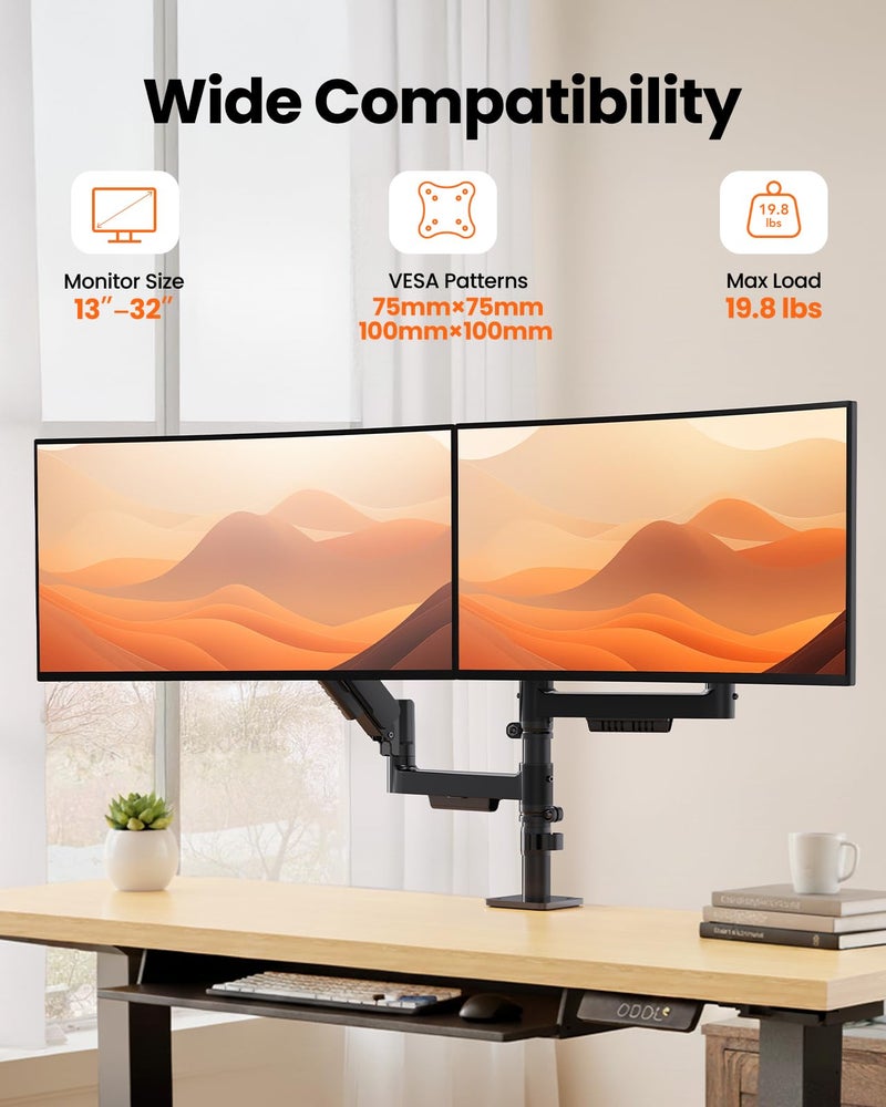 ErGear Vertical Dual Monitor Stand, Stacked Monitor Mount for 13-32â€³ Screens, Up to 19.8 lbs per Arm, Enhanced Stability with Integrated C-Clamp, Upgraded Cable Management, VESA 75x75/100x100mm, Black - Image 2