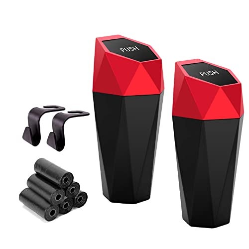 Ginsco Car Trash Can Cup Holder, 2 Pack Mini Car Trash Can with Lid, Car Accessories for Interior, Leakproof Small Trash Cup for Car, Home with Additional 2 ABS Hooks and 90pcs Trash Bags Red - Image 1