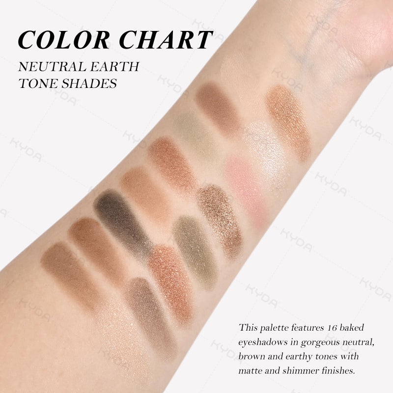 KYDA 16 Colors Baked Eyeshadow Earth Palette, Neutral Earthy Tones Baked Powder Palette with Matte Shimmer Finish, Rich Buildable Pigments, Soft Blendable Creamy Texture, Crease-proof - Image 5