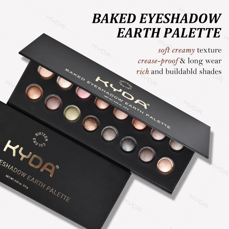 KYDA 16 Colors Baked Eyeshadow Earth Palette, Neutral Earthy Tones Baked Powder Palette with Matte Shimmer Finish, Rich Buildable Pigments, Soft Blendable Creamy Texture, Crease-proof - Image 2