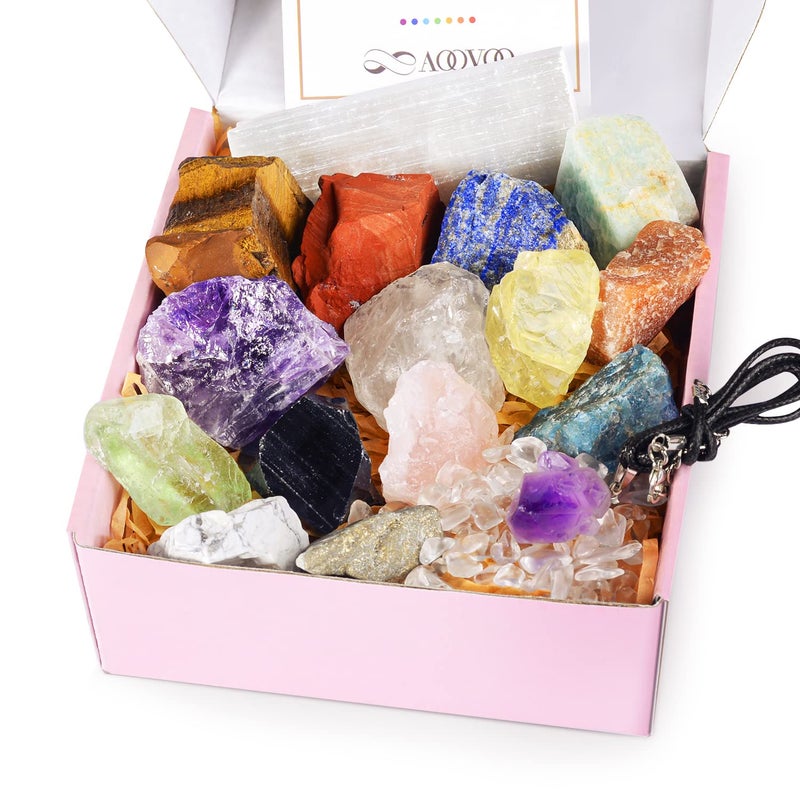 AOOVOO 17Pcs Crystals and Healing Stones, 14Pcs Real Raw Chakra Stones Set, Selenite Charging Plate, Amethyst Necklace, Rose Quartz, Mothers Day Gifts, Gift Box, Guide for Beginners, Collection, Meditation, Yoga - Image 1
