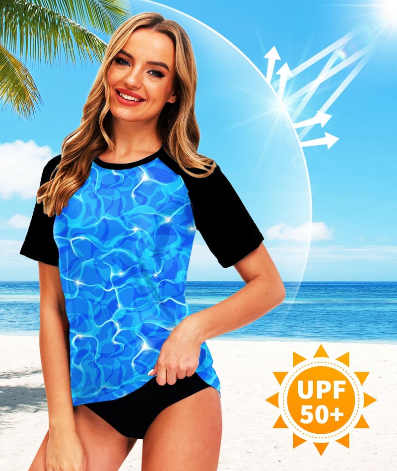 AOBUTE Womens SPF Swim Top Athletic Print Swimming Surf Rash Guard Swimwear Beachwear Blue Wave S - Image 2