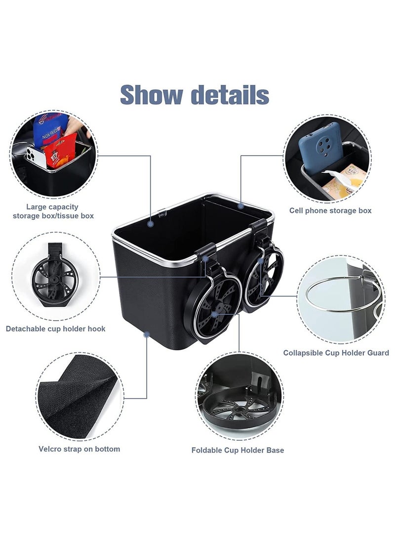 Car Armrest Storage Box with 2 Coffee Cup Water Drink Holder Universal Car Center Console Seat Organizer Car Storage Box for Water Cup Tissue Paper Cellphones Keys Storage (Black) - Image 4