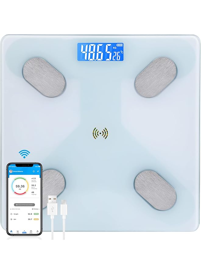 promass Multifunctional Smart Body Fat Scale, Electronic Led Digital Weight Bathroom Scale With Smartphone App, Support 17 Languages And Indoor Temperature Measurement, 260*260*23Mm Whtie - Image 1