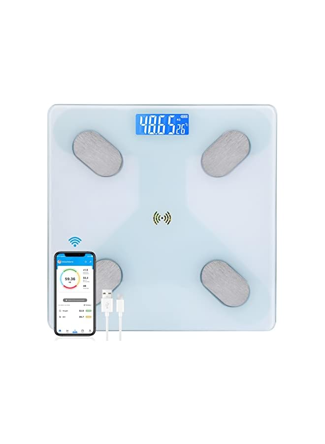 promass Multifunctional Smart Body Fat Scale, Electronic Led Digital Weight Bathroom Scale With Smartphone App, Support 17 Languages And Indoor Temperature Measurement, 260*260*23Mm Whtie - Image 2
