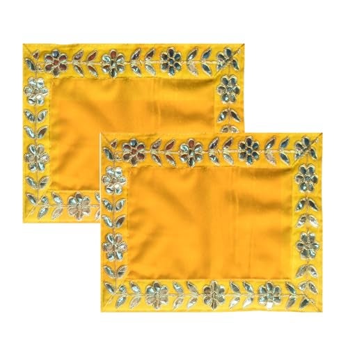 Dulhan DLC Designer Yellow Pooja Cloth for God, Velvet Altar Cloth for Puja | Pack of 2 | Size 8x10 - Image 1
