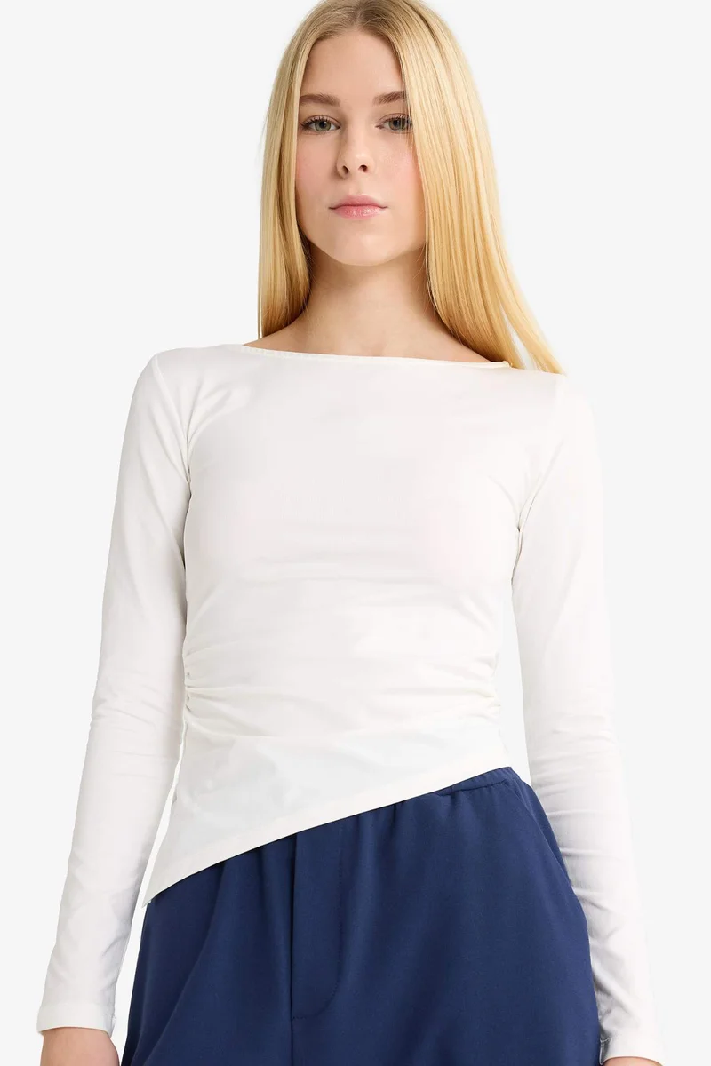 ديفاكتو Fitted Crew Neck Ribbed Long Sleeve T-Shirt
