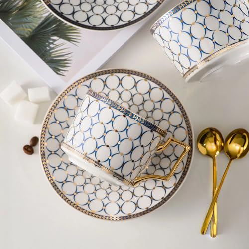 CwlwGO-European style cup and saucer set, 7 oz (about 198.4 grams) bone china exquisite glazed platinum tea cup and saucer (two sets), golden spoon, mug, cappuccino, latte, MOCHA, elegant female suit. - Image 2