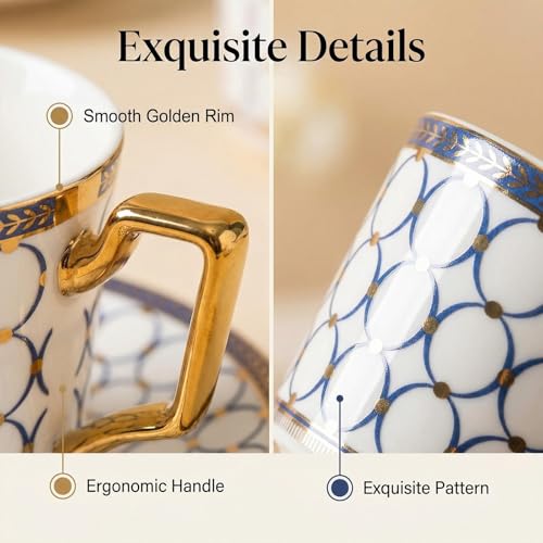 CwlwGO-European style cup and saucer set, 7 oz (about 198.4 grams) bone china exquisite glazed platinum tea cup and saucer (two sets), golden spoon, mug, cappuccino, latte, MOCHA, elegant female suit. - Image 3