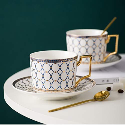 CwlwGO-European style cup and saucer set, 7 oz (about 198.4 grams) bone china exquisite glazed platinum tea cup and saucer (two sets), golden spoon, mug, cappuccino, latte, MOCHA, elegant female suit. - Image 1