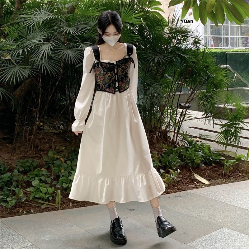 White dress Womens 2024 Early Spring Fashion New French Temperament Sling Two-piece Vintage Long-sleeved Skirt White (long skirt with small waistcoat)