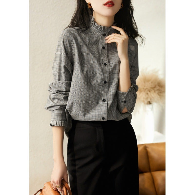 Japanese And Korean Spot Work Clothing Stand-Up Collar Plaid Shirt Retro Hong Kong Style Design Niche Top Autumn Cyc380765Ag - Image 4