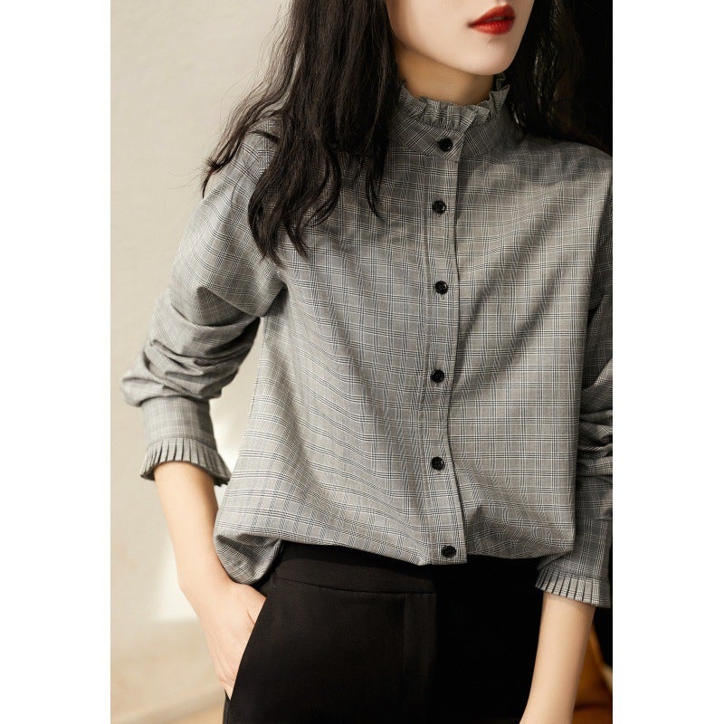 Japanese And Korean Spot Work Clothing Stand-Up Collar Plaid Shirt Retro Hong Kong Style Design Niche Top Autumn Cyc380765Ag - Image 2