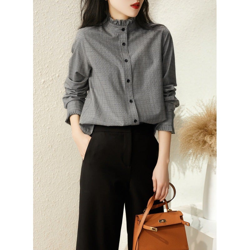 Japanese And Korean Spot Work Clothing Stand-Up Collar Plaid Shirt Retro Hong Kong Style Design Niche Top Autumn Cyc380765Ag - Image 3