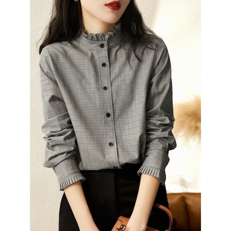 Japanese And Korean Spot Work Clothing Stand-Up Collar Plaid Shirt Retro Hong Kong Style Design Niche Top Autumn Cyc380765Ag - Image 5