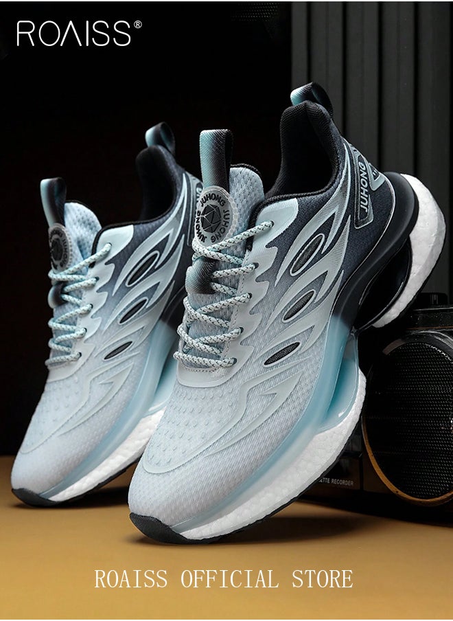 roaiss - Casual Mesh Breathable Sports Shoes for Men Lace up Shock Absorbing Elastic Wear Resistant Sneakers Men's Stylish Gradient Color Soft Sole Lightweight Basketball Shoes Colorblock Running Shoes Blue Black - Image 1