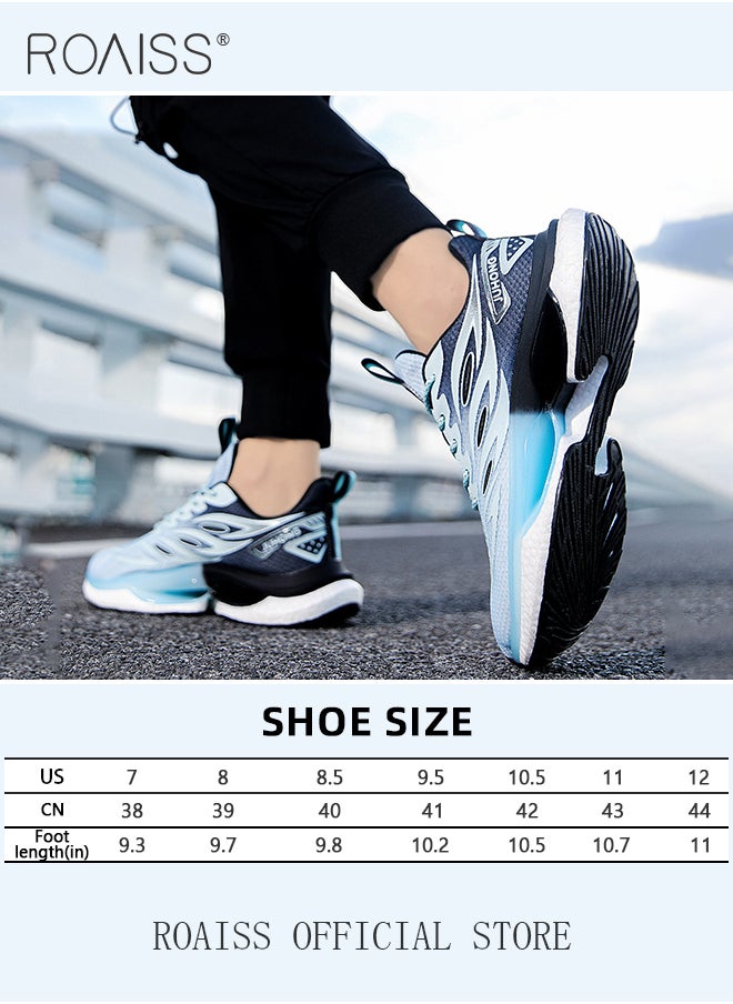 roaiss - Casual Mesh Breathable Sports Shoes for Men Lace up Shock Absorbing Elastic Wear Resistant Sneakers Men's Stylish Gradient Color Soft Sole Lightweight Basketball Shoes Colorblock Running Shoes Blue Black - Image 1