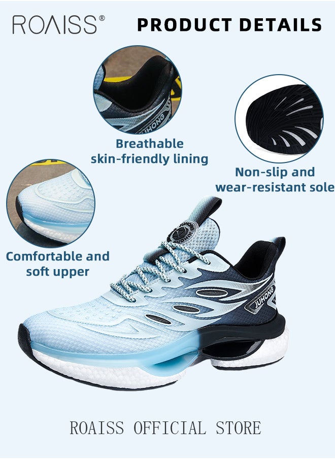 roaiss - Casual Mesh Breathable Sports Shoes for Men Lace up Shock Absorbing Elastic Wear Resistant Sneakers Men's Stylish Gradient Color Soft Sole Lightweight Basketball Shoes Colorblock Running Shoes Blue Black - Image 1