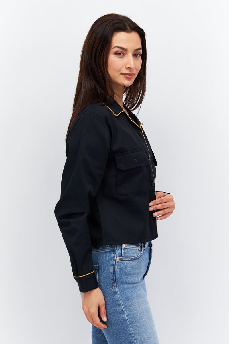 Dickies Women Spread Collar Long Sleeves Brand Logo Tops, Black - Image 3