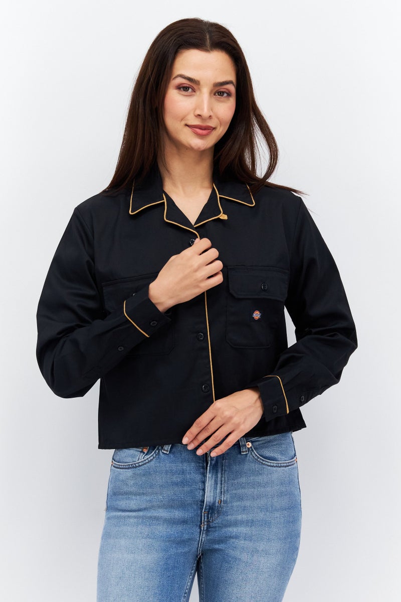 Dickies Women Spread Collar Long Sleeves Brand Logo Tops, Black - Image 1