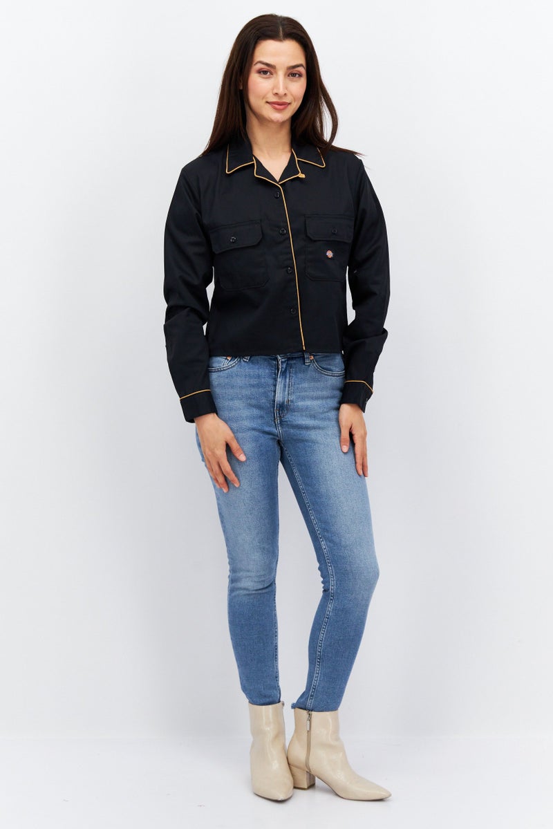 Dickies Women Spread Collar Long Sleeves Brand Logo Tops, Black - Image 2