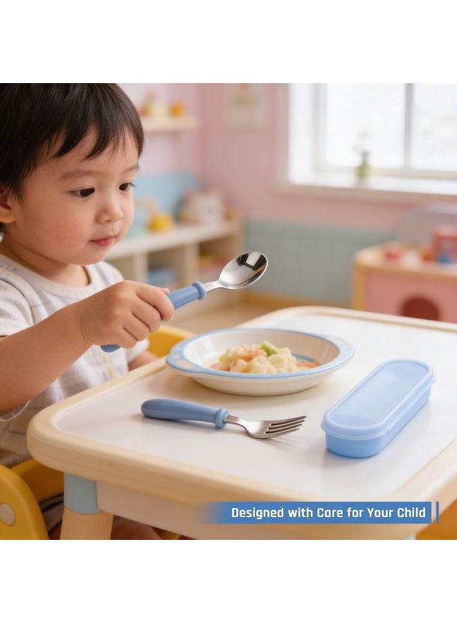 Beram Children Cutlery Set Utensils Set 2 PCS Kids Cutlery Set Baby Spoon Spoon and Fork Portable Tableware with Plastic Case 304 Stainless Steel BPA Free Dishwasher Safe Blue - Image 5